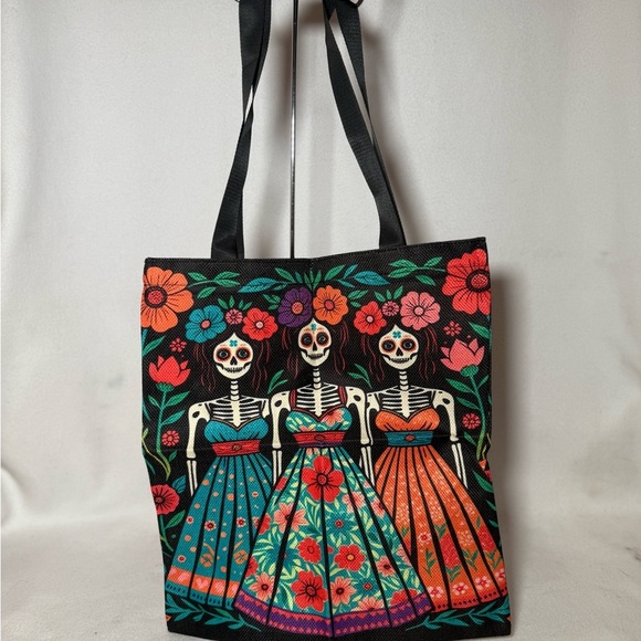 New Light Weight Colorful Floral Skeleton - Dios de Los Muertos Tote Bag - Picture 2 of 7